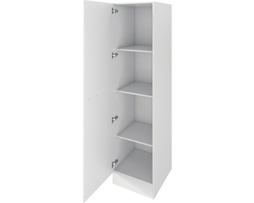 Witte hoge kast met open deur en legplanken.