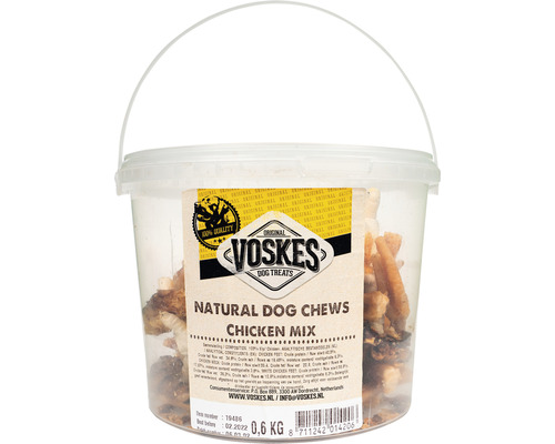 VOSKES Hondensnack Natural dog mix chews chicken 600 gr Voskes Natural Dog Chews Chicken Mix in transparante emmer, 0,6 kg