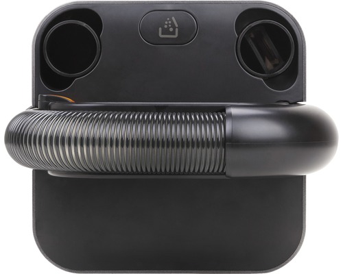 Zwarte stofzuigeraccessoire met slang en bak symbool