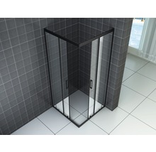 Hoekdouche met zwart frame en glazen deuren in een badkamer