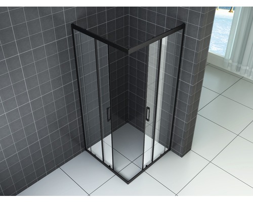 Hoekdouche met zwart frame en glazen deuren in een badkamer