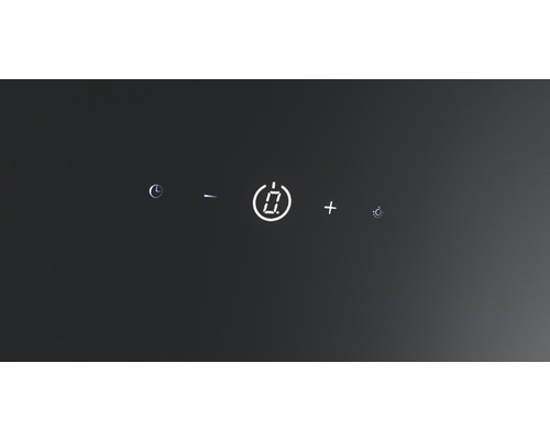 Bedieningspaneel van een afzuigkap met timer, plus-min-knoppen, digitale display en lichtsymbool