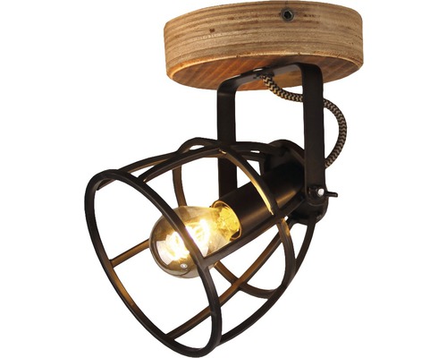 Plafonnière met houten voet en metalen kooi