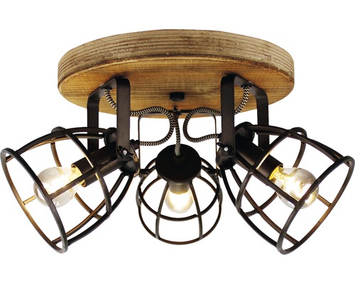 Plafondlamp met drie lampen in kooilook en houten voet