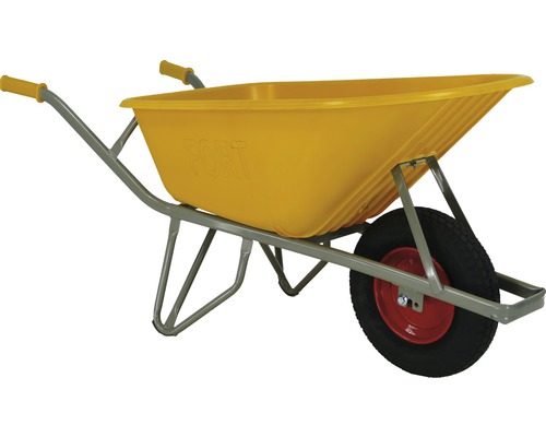 Gele kruiwagen met stalen frame en rubberen handgrepen