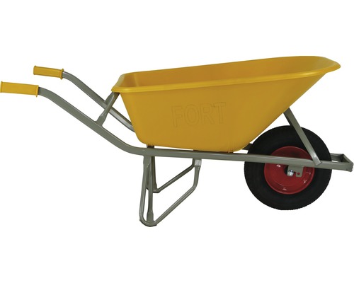 Gele kruiwagen met één wiel en stalen frame