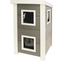 Grijs houten kattenhuis met twee ramen