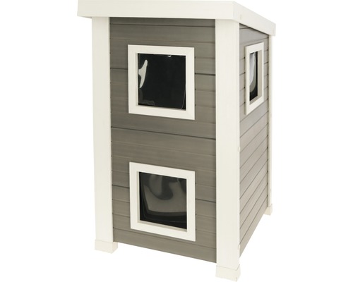 Grijs houten kattenhuis met twee ramen