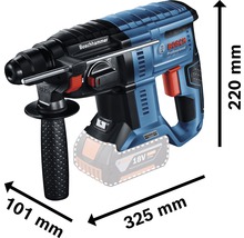 Afmetingen van de Bosch accuboorhamer met 220 mm hoogte, 325 mm lengte en 101 mm handgreepdiameter.