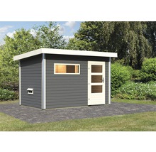 Grijs tuinhuis met raam en deur in de tuin