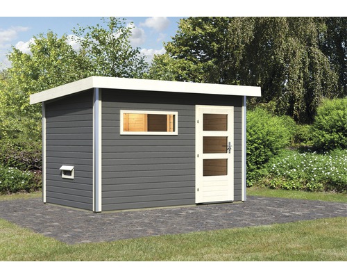 Grijs tuinhuis met raam en deur in de tuin