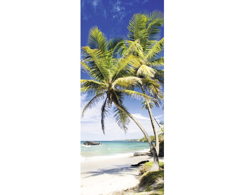 Fotobehang met palmbomen op het strand onder een blauwe hemel