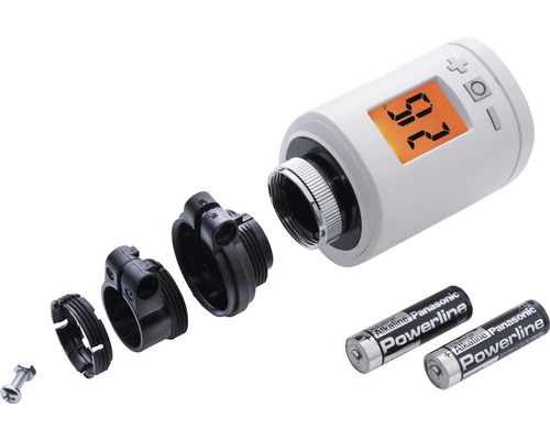 Afgebeelde radiatorknop met accessoires en batterijen