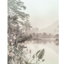 Illustratie van een tropisch landschap met meer, palmbomen en weelderige vegetatie
