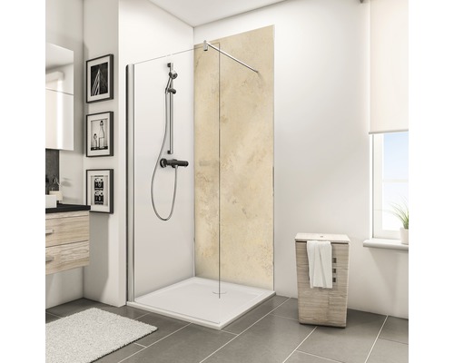 SCHULTE Douche achterwand 100x255 cm hoogglans kalksteen Badkamer met douchecabine, douchebak, doucheset en houten wasmand