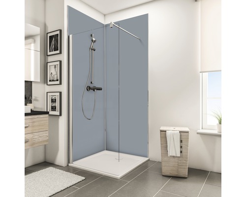 SCHULTE Douche achterwand 2x 90x210 cm hoekset lichtgrijs Moderne badkamer met douchecabine, wastafel en wasmand