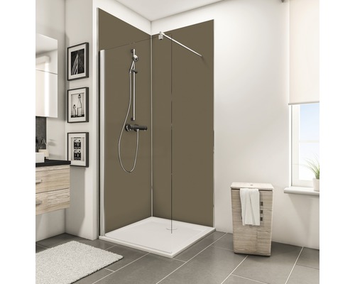 SCHULTE Douche achterwand 2x 90x210 cm hoekset taupe Badkamer met douchecabine, douchebak, wastafel en wasmand