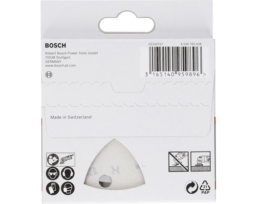 Bosch Logo. Verpakking van een schuurpapier in driehoekige vorm voor schuurmachines.