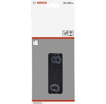 Bosch logo. Verpakking met vijf schuurvellen, korrel 80, afmeting 93 bij 230 millimeter.