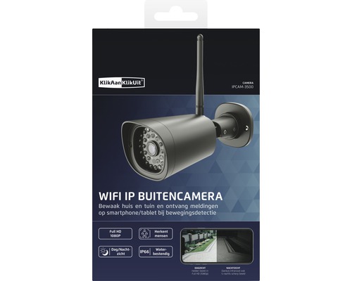 Verpakking van een KlikAan KlikUit wifi-IP-buitencamera voor huis- en tuinbewaking met bewegingsdetectie