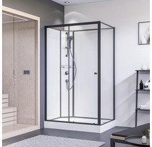 Douchecabine met zwart frame en douchesysteem in een moderne badkamer.