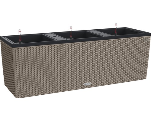 LECHUZA All-in-One Set Balkonbak Cottage Trio Kunststof beige 100x32x34 cm Langwerpige plantenbak met irrigatiesysteem en rotanlook.