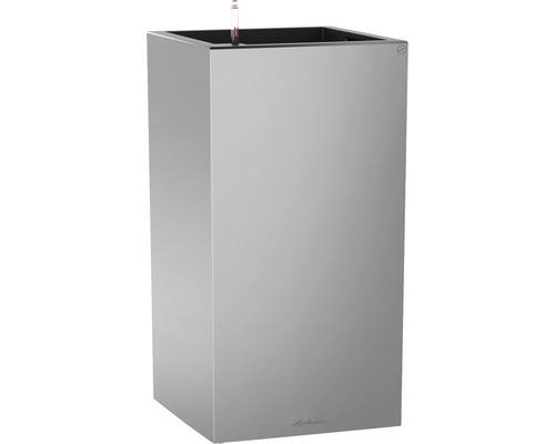 LECHUZA All-in-One Set Plantenbak Premium Canto Kunststof zilver 40x40x76 cm Hoge, vierkante plantenbak met irrigatiesysteem