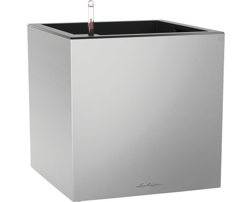 LECHUZA All-in-One Set Plantenbak Premium Canto Kunststof zilver 40x40x40 cm Vierkante plantenbak met waterniveau-indicator