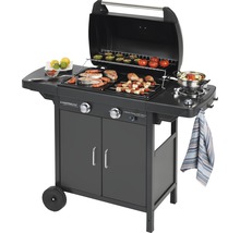 Gasbarbecue met gegrilde producten, warmhoudrek en zijbrander