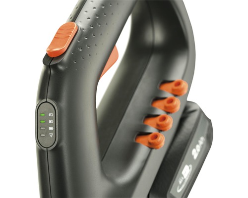 Detailopname van een grasschaar met bedieningselementen en batterij-indicator