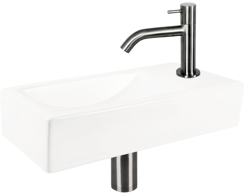 Rechthoekige wastafel met kraan en afvoerpijp