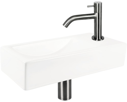 Rechthoekige wastafel van sanitair keramiek met kraan