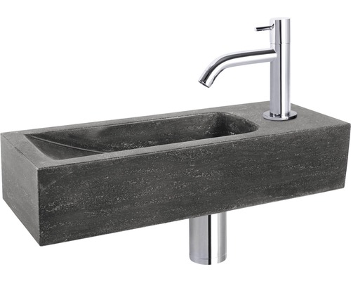 DIFFERNZ Fonteinset Neva met plug always open natuursteen chroom 38x14x8 cm Wastafel van steen met kraan