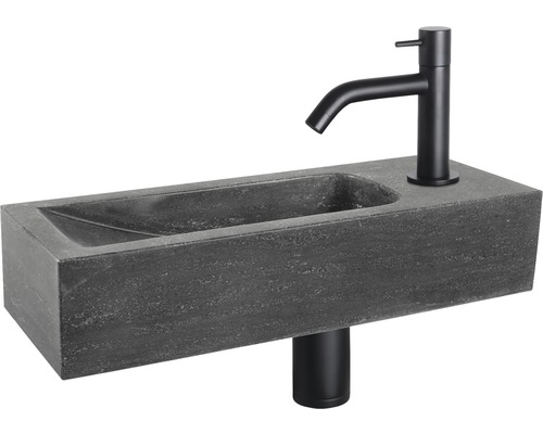 DIFFERNZ Fonteinset Neva met plug always open natuursteen mat zwart 38x14x8 cm Opzetwastafel van steen met kraan