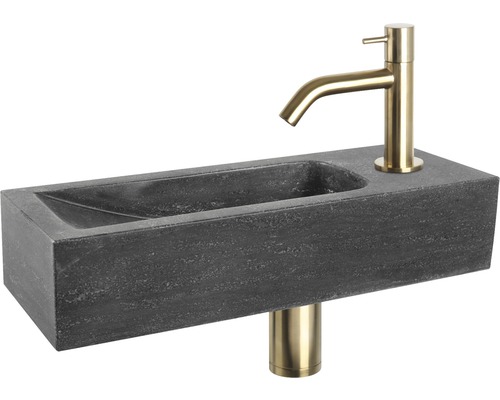 DIFFERNZ Fonteinset Neva met plug always open natuursteen mat goud 38x14x8 cm Wastafel van steen met kraan