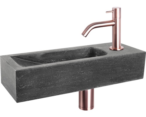 DIFFERNZ Fonteinset Neva met plug always open natuursteen roodkoper 38x14x8 cm Wastafel van steen met kraan