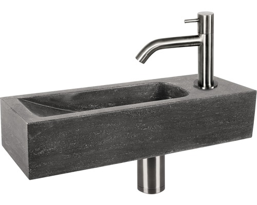 DIFFERNZ Fonteinset Neva met plug always open natuursteen gun metal 38x14x8 cm Wastafel van steen met kraan