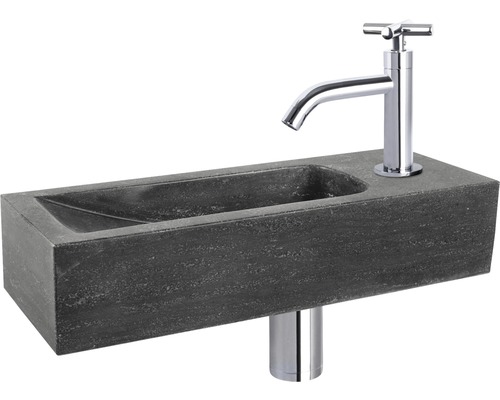 DIFFERNZ Fonteinset Neva met plug always open natuursteen chroom 38x14x8 cm Wastafel van steen met kraan