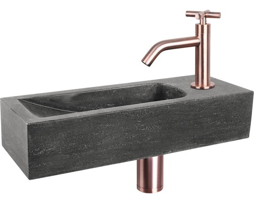 DIFFERNZ Fonteinset Neva met plug always open natuursteen roodkoper 38x14x8 cm Wastafel van steen met kraan