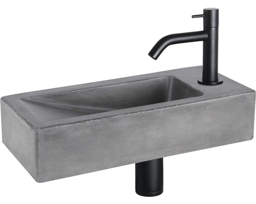 DIFFERNZ Fonteinset Doni met plug always open beton mat zwart 36x16x8 cm Grijze betonnen wastafel met zwarte kraan