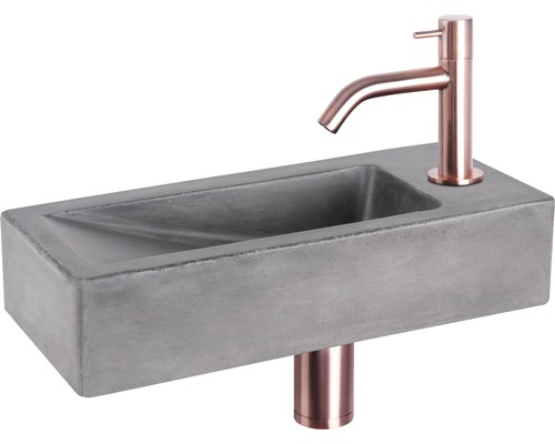 DIFFERNZ Fonteinset Doni met plug always open beton roodkoper 36x16x8 cm Rechthoekige betonnen wastafel met kraan
