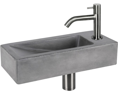 DIFFERNZ Fonteinset Doni met plug always open beton gun metal 36x16x8 cm Rechthoekige betonnen opzetwastafel met kraan