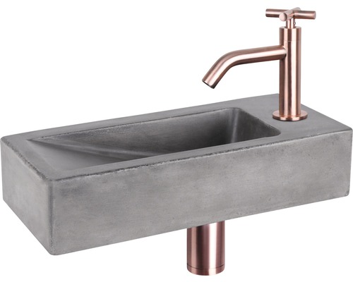 DIFFERNZ Fonteinset Doni met plug always open beton roodkoper 36x16x8 cm Rechthoekige wastafel van beton met kraan