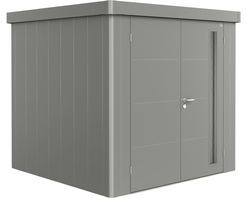 BIOHORT Berging Neo 2B incl. dubbele deur kwartsgrijs metallic 236x236x222 cm Metalen tuinhuis met dubbele deur en zijraam