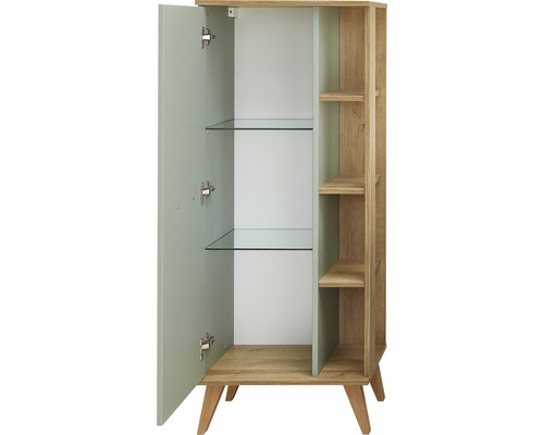 Open badkamerkast met glazen legplanken en houten poten