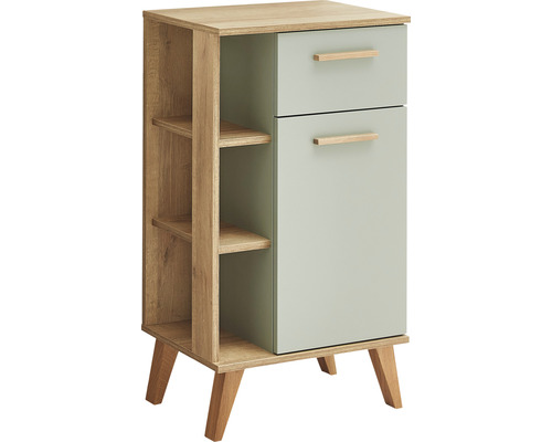 Kast met een deur, een lade en open planken.