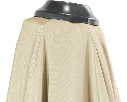 Gedetailleerde weergave van een beige beschermhoes met een zwarte kraag