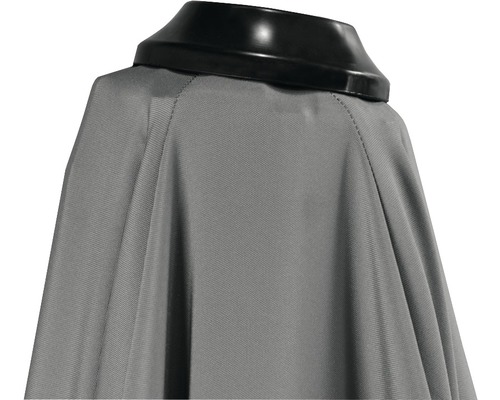 Detailopname van een parasol met een zwarte kraag en een grijs parasoldak.