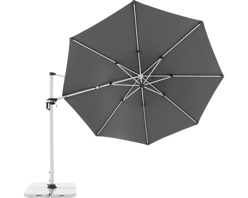 Grijze zweefparasol met standaard voor de tuin