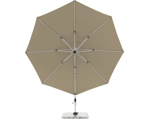 Onderaanzicht van een rechthoekige parasol met standaard